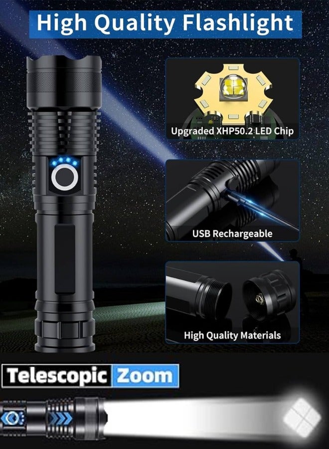 QLIGHT Rechargeable Flashlight 990000 High Lumens, XHP70.2 Super Bright Tactical Flashlights, Led Flash lights with 5 Modes, Zoomable, Type-C, IPX65 Waterproof, Powerful Flash Light for Camping Hiking Running & Cycling - Image 3